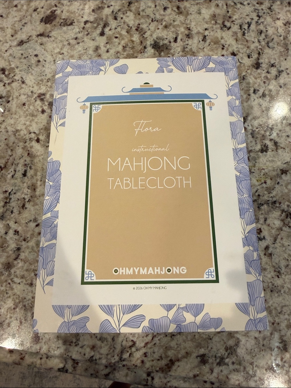 OhMyMahjong Flora Beige Mahjong Tablecloth with Blue Floral Border